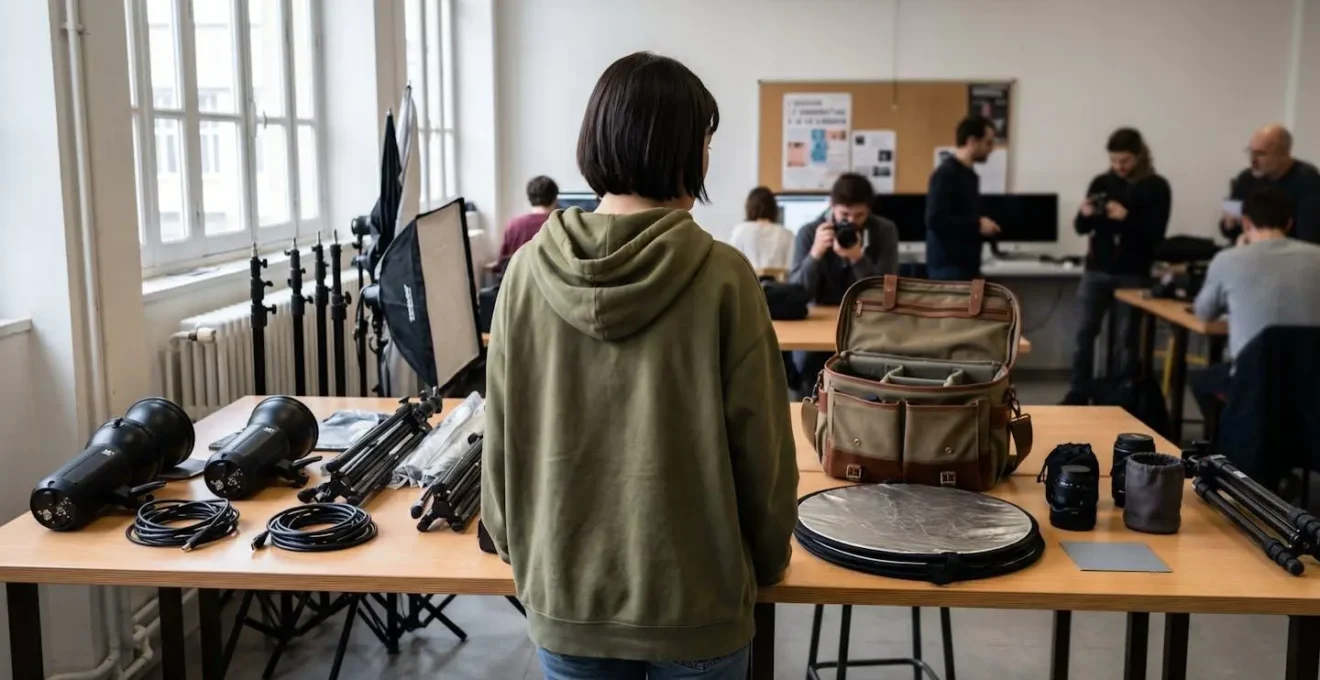 Jeune photographe de dos observant deux tables de travail avec équipements distincts dans un espace de formation contemporain