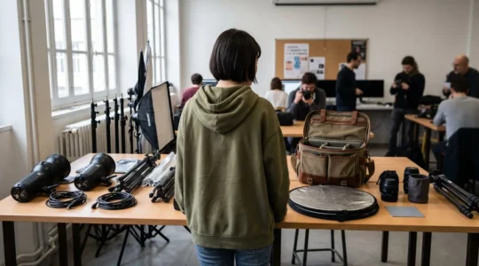 Jeune photographe de dos observant deux tables de travail avec équipements distincts dans un espace de formation contemporain
