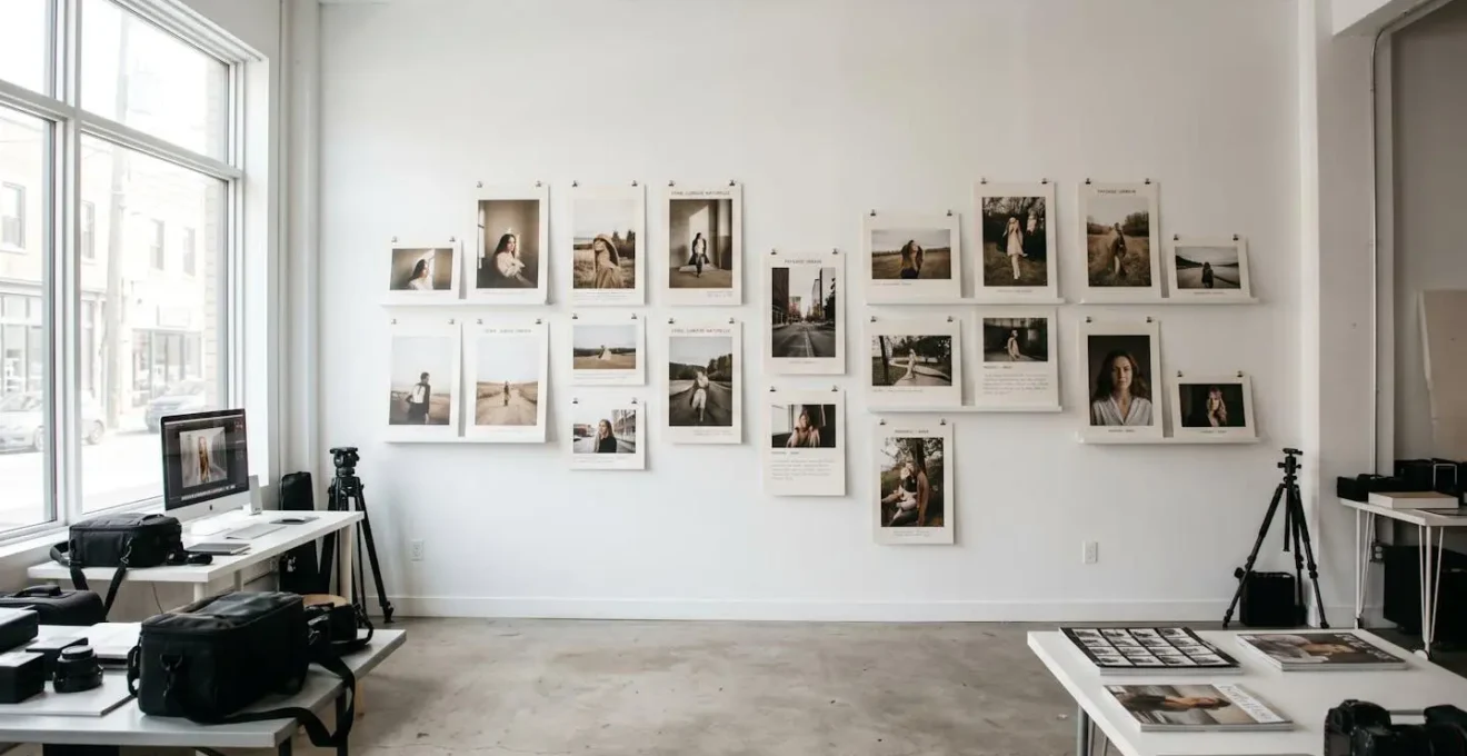 Tirages photographiques organisés sur un mur blanc montrant une cohérence visuelle et stylistique claire