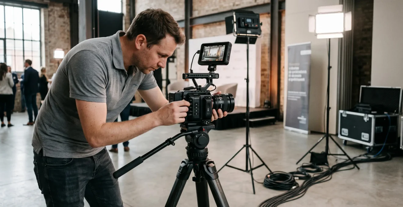 Vidéaste professionnel ajustant les paramètres d'une caméra cinéma Sony montée sur trépied avec moniteur de contrôle et kit d'éclairage LED visible sur un plateau de tournage corporate