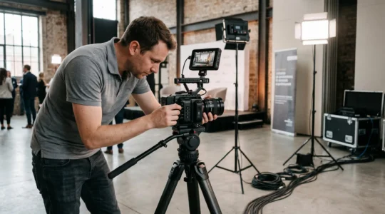 Vidéaste professionnel ajustant les paramètres d'une caméra cinéma Sony montée sur trépied avec moniteur de contrôle et kit d'éclairage LED visible sur un plateau de tournage corporate