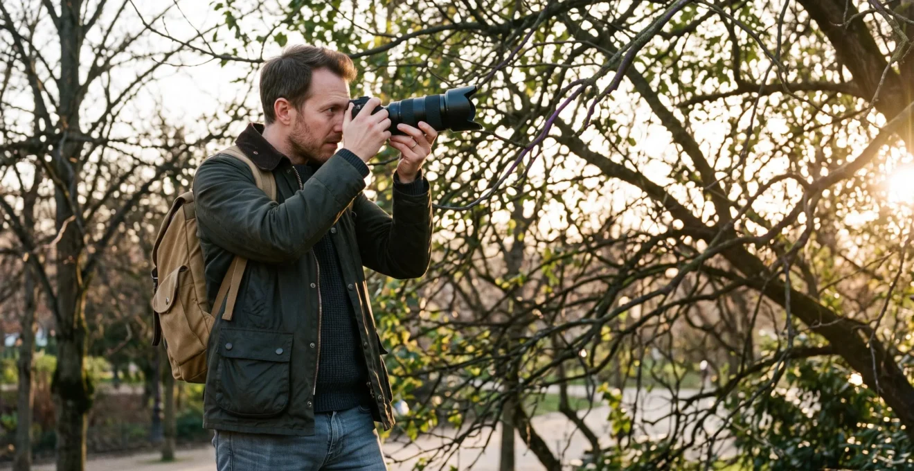 Photographe testant un objectif en photographiant des branches d'arbre à contre-jour pendant l'heure dorée