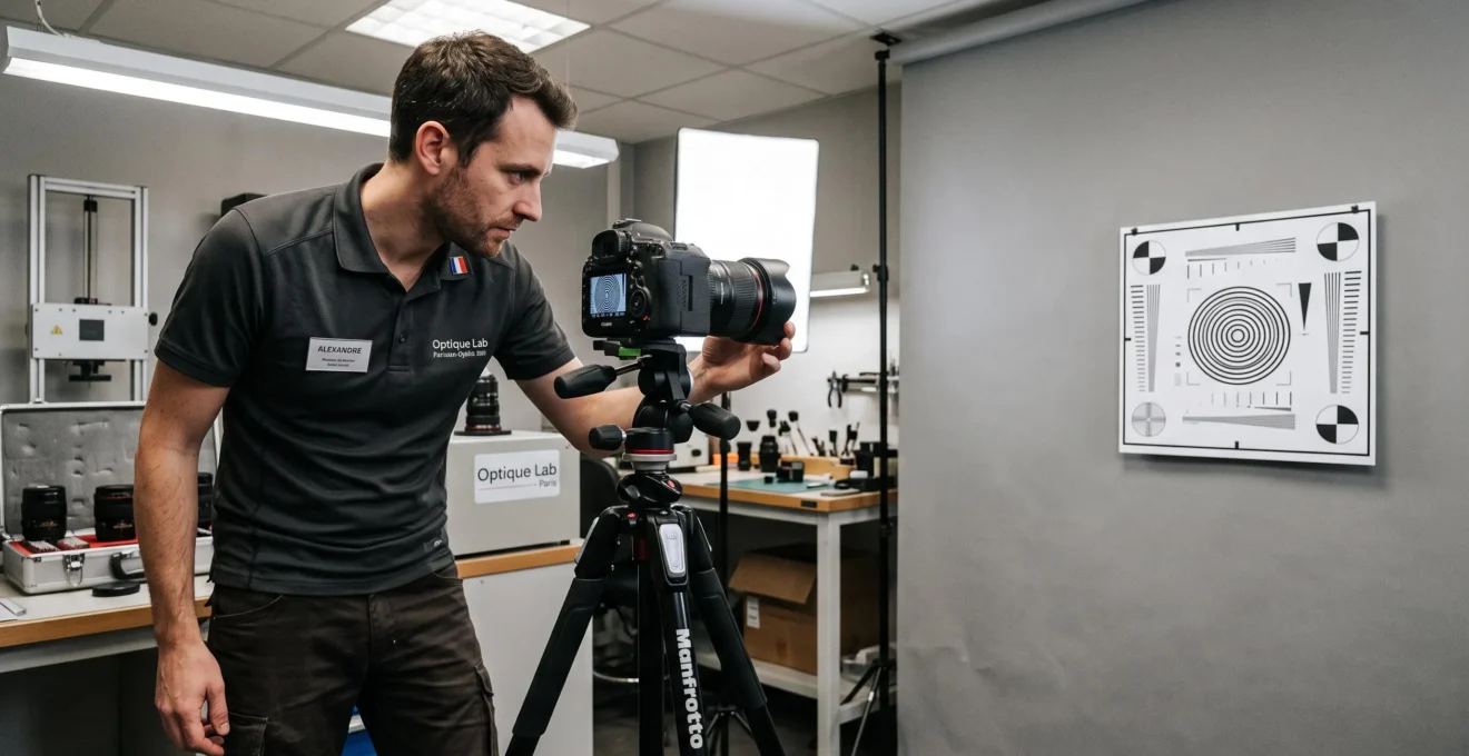 Photographe professionnel testant la netteté d'un objectif avec une mire de résolution montée sur trépied en studio
